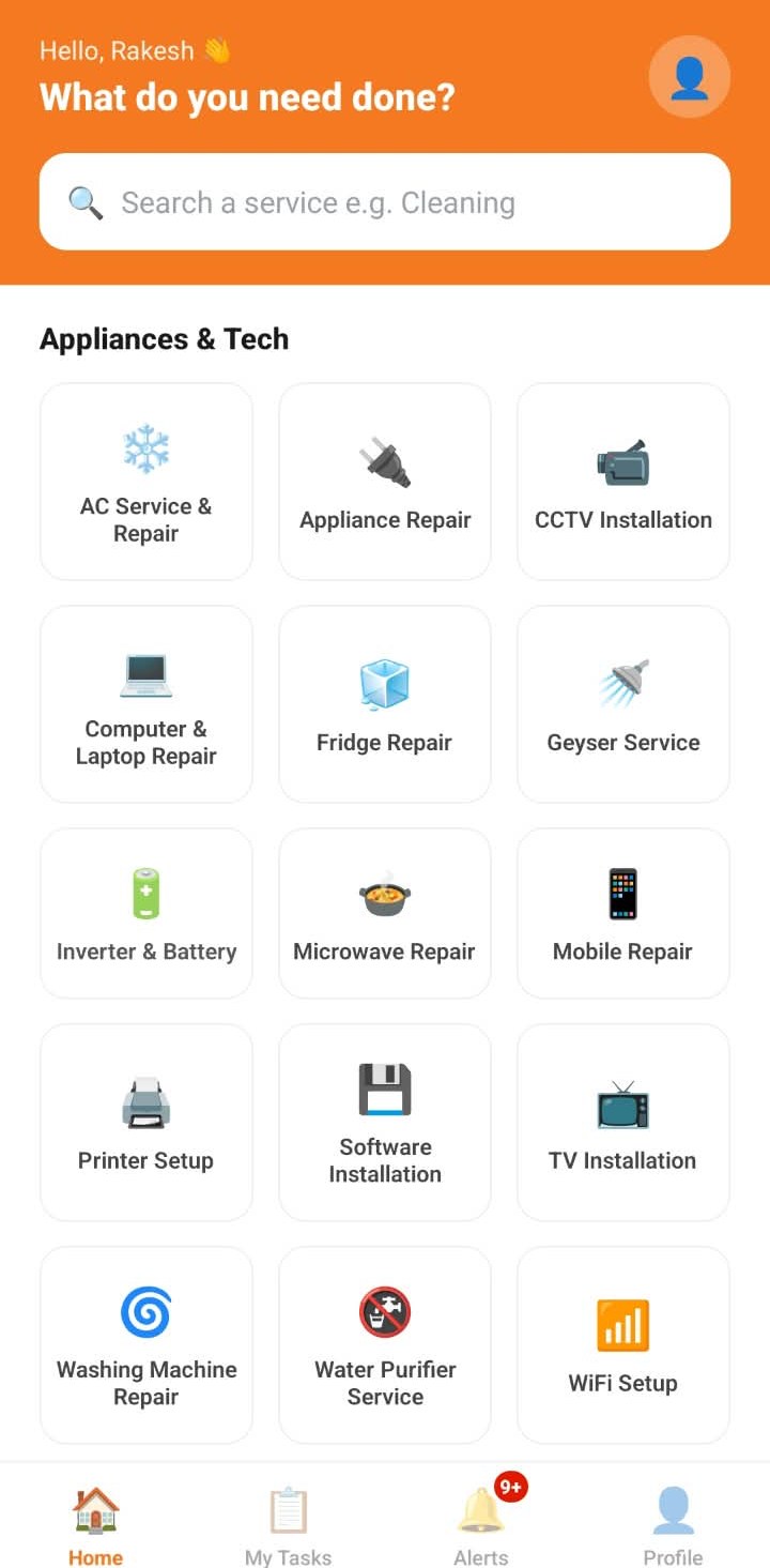 Appliances and Tech category grid with AC service, fridge repair, mobile repair and WiFi setup