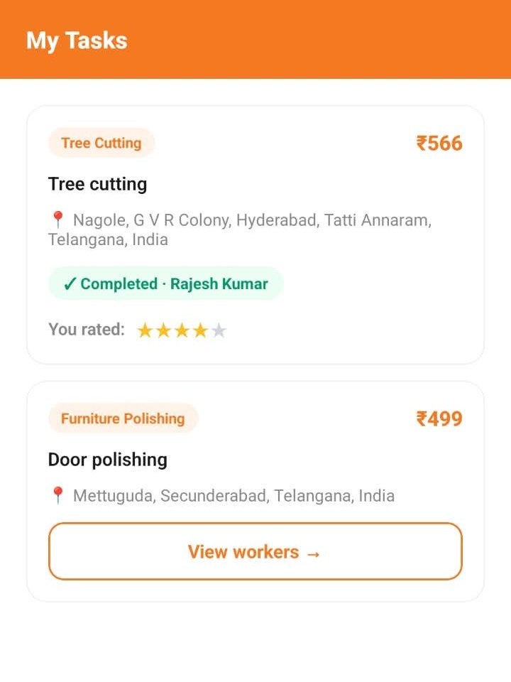 My Tasks list showing a completed tree cutting job with a rating and an open furniture polishing task